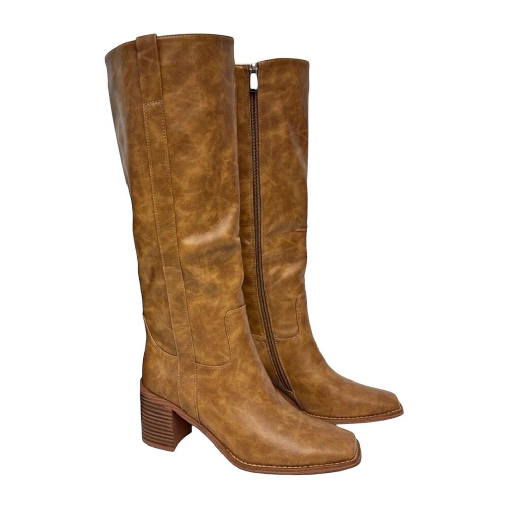 ISNOM Knee High Riding Boots Brown Square Toe Side Zip Chunky Heel US 7.5 NIB